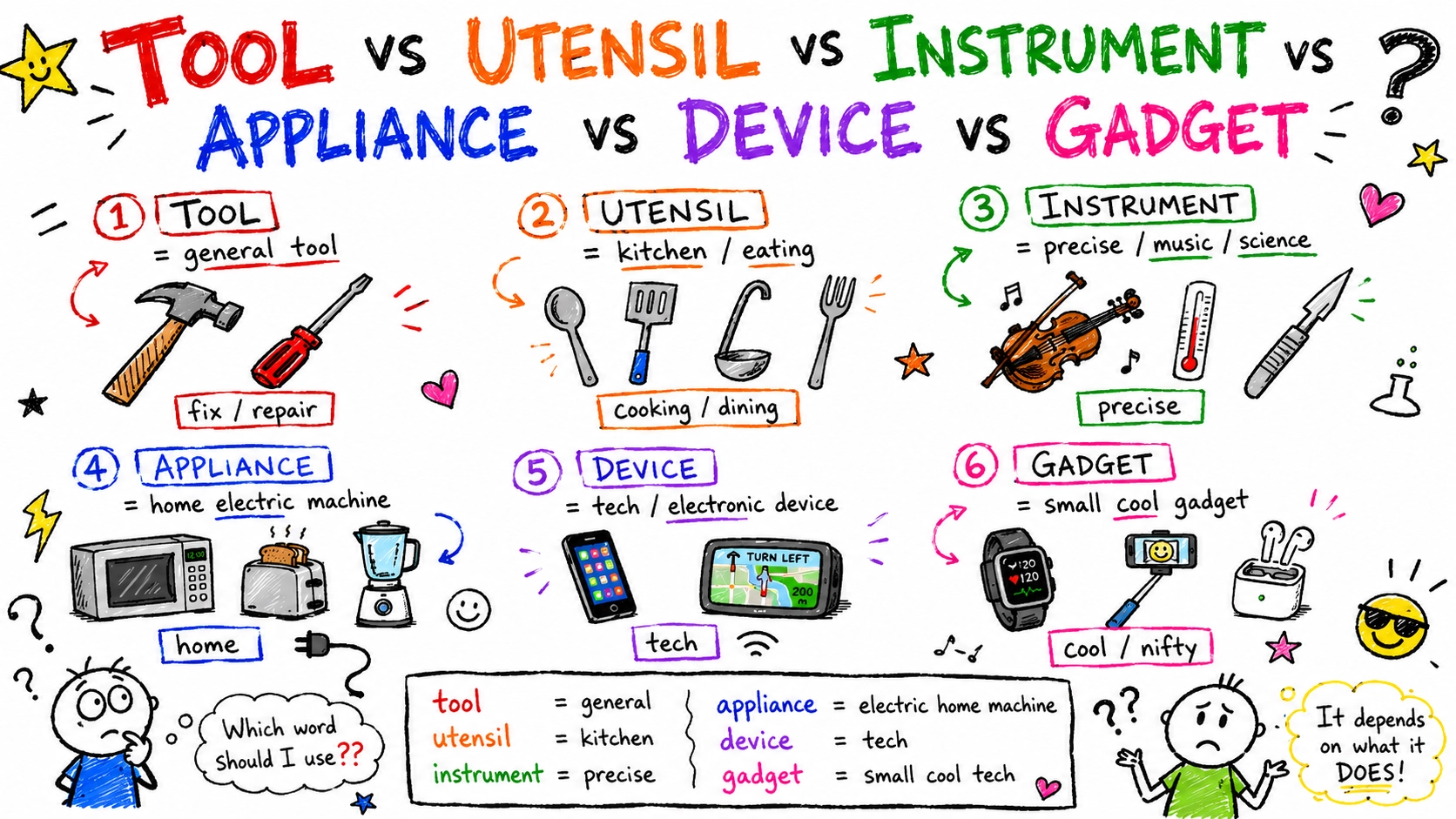 tool, utensil, instrument, device, gadget 차이 — 영어 '도구' 단어 정리