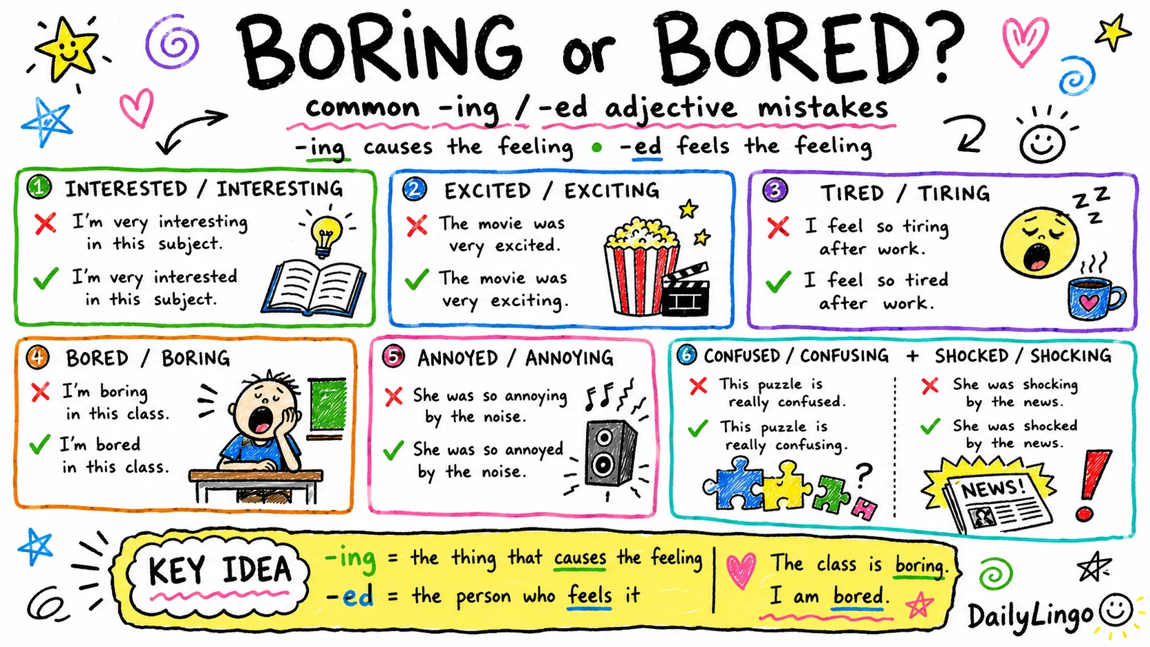 I'm boring vs I'm bored — 감정 형용사 -ing/-ed 구분